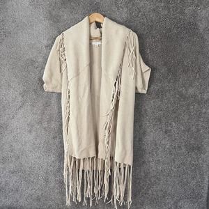 Boston Proper Sweater Womens Small Beige Short Sleeve Fringed Cardigan Cotton